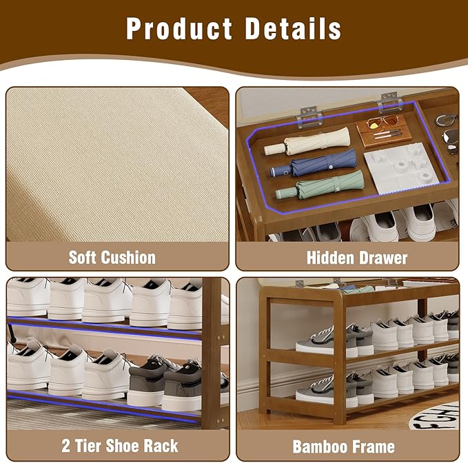 2-Tier Bamboo Shoe Bench with Cushion and Hidden Drawer, Entryway Shoe Rack - Image 7