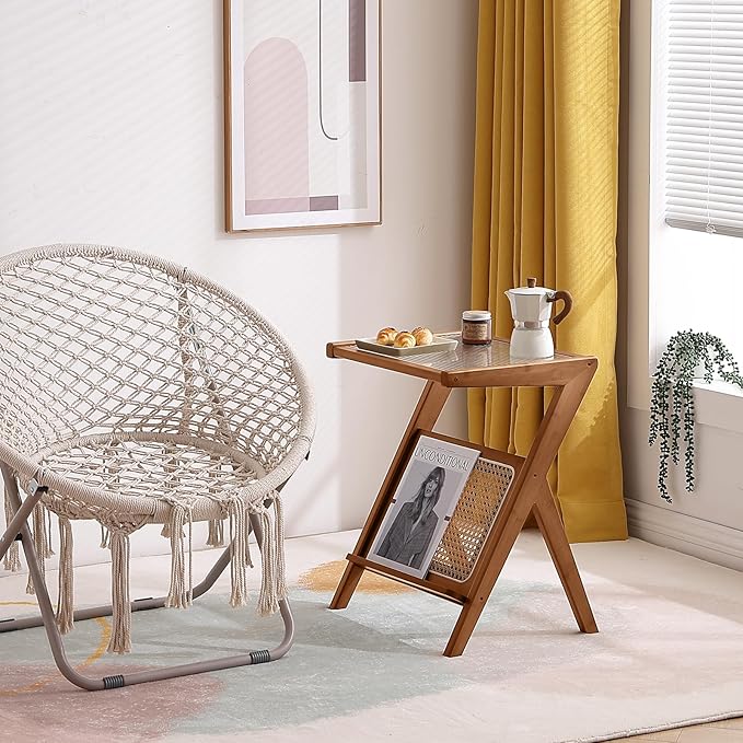 Tiita Rattan Nightstand Side Table, Bamboo Accent Bedside Tables, Glass Coffee - Image 2