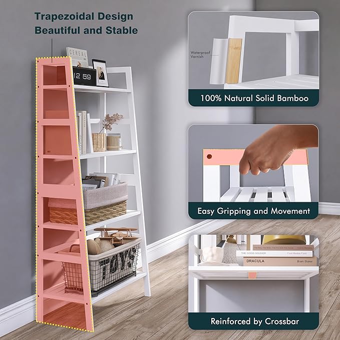 HITNET White Ladder Bookshelf, Leaning Bookcase, 4-Tier Bamboo Shelf, Floor - Image 7