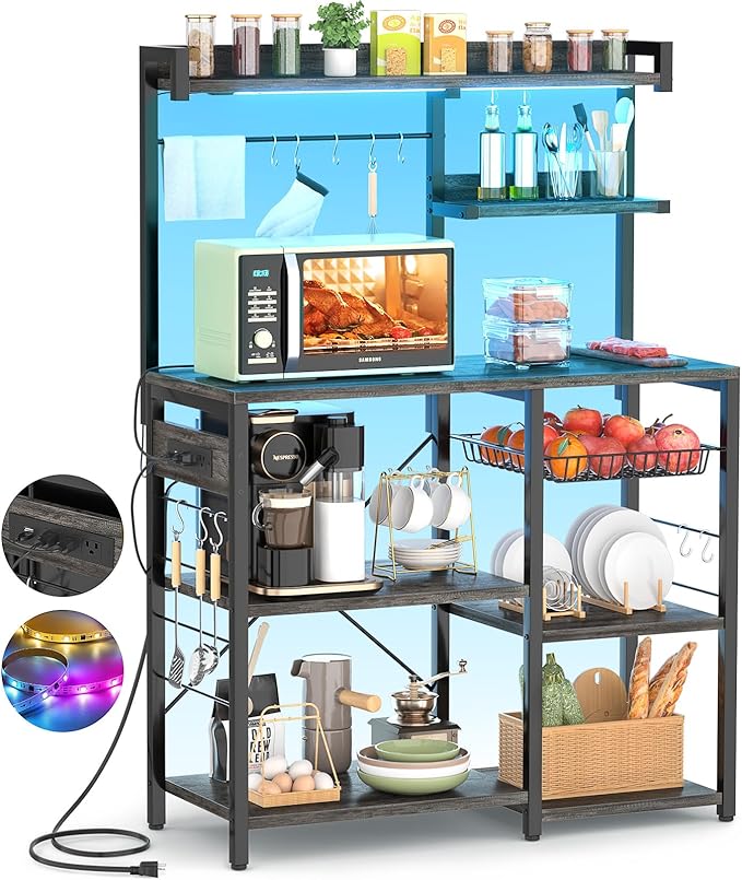 Aheaplus Bakers Rack with Power Outlet and LED Light Strings, Microwave Oven by Aheaplus