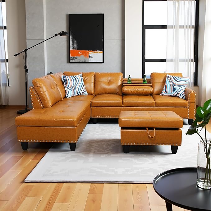 L Shaped Couch PU Leather Sectional Couch Upholstered 3 Pieces Sofas - Image 4