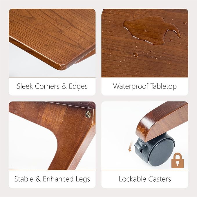 TV Tray Table with Casters, Solid Rubberwood End Tables, Sofa Side Table Couch - Image 6