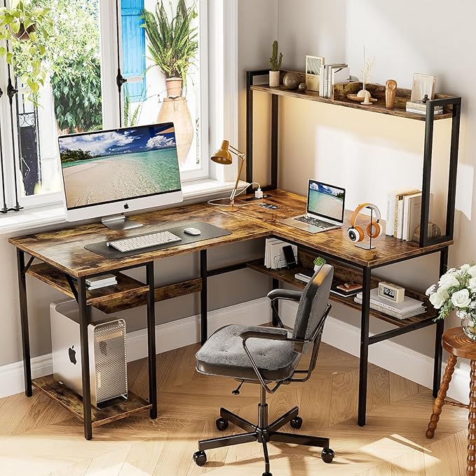 L Shaped Computer Desk with Hutch and Storage Shelves, Gaming Desk with LED - Image 6
