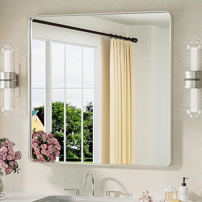 TETOTE 36 x 36 Inch Brushed Nickel Mirror Metal Framed Bathroom Mirror by TETOTE