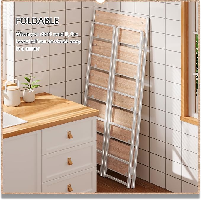 4NM No-Assembly 5 Tiers Folding Bookshelf Storage Shelves Vintage Bookcase - Image 4