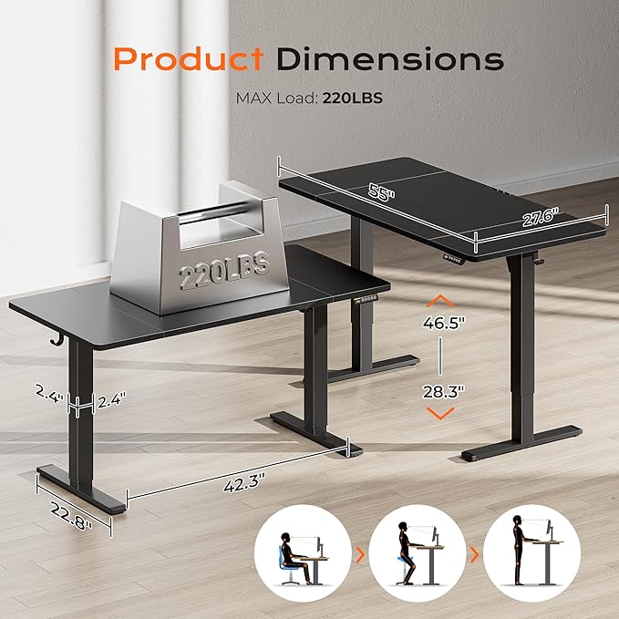 Huuger 55 x 28 Large Electric Standing Desk, Height Adjustable Computer Desk - Image 2