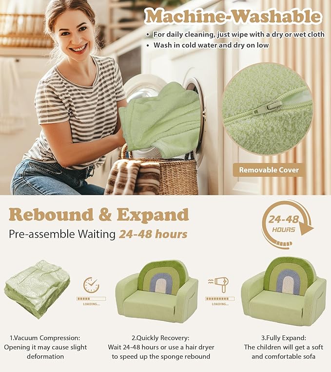 Kids Couch, 2-in-1 Soft Toddler Couch Fold Out - Image 7