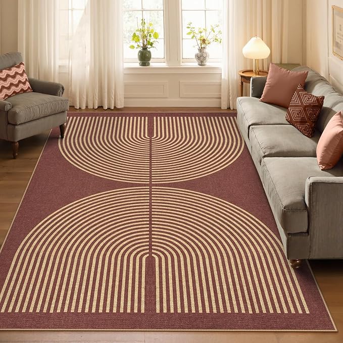 Lahome Modern Rainbow Easy Jute Outdoor Rug 5x7, Stain Resistant Red Dining - Image 6