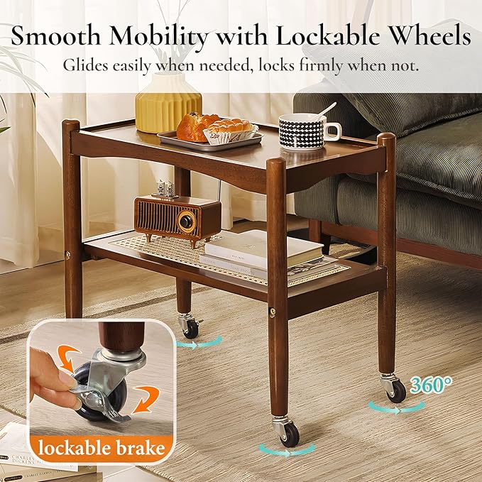 Rattan Side Table with Wheels, Small End Table with Storage, Narrow Wooden Bed - Image 3