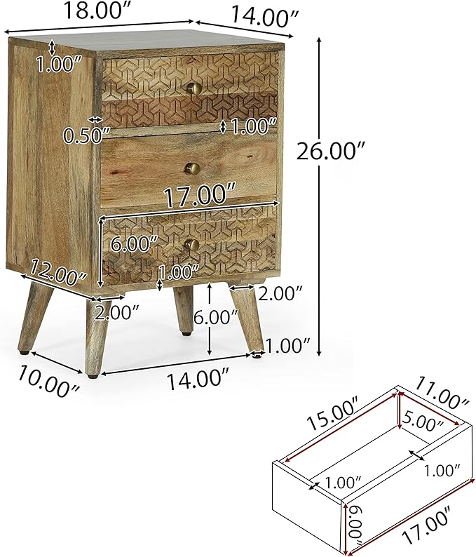 Christopher Knight Home Lytle Handcrafted 3 Drawer Nightstand - Image 3