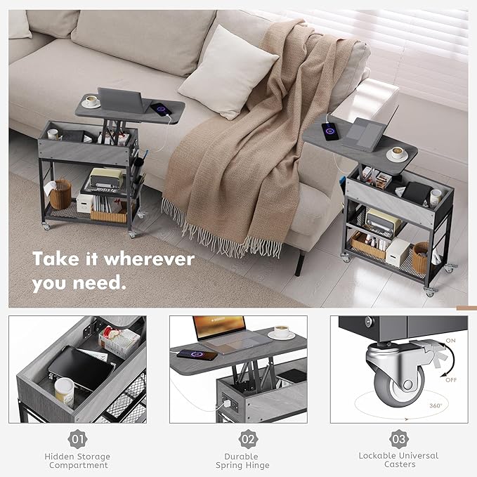 Colima Lift Top End Table with Charging Station and Wheels, Sofa Side Table - Image 4