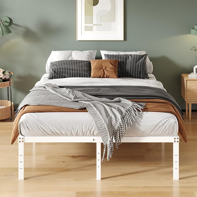 16 Inch White Full Size Bed Frame No Box Spring Need, Metal Platform Full Bed - Image 3