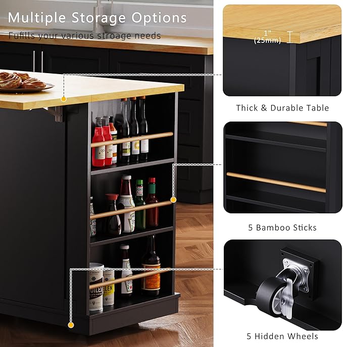 53" Large Kitchen Island with Drop Leaf, Power Outlet & Door Internal Storage - Image 5