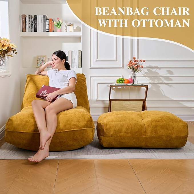 Bean Bag Chair with Ottoman, Comfy Bean Bag Sofa with Memory Foam, Lazy BeanBag - Image 3