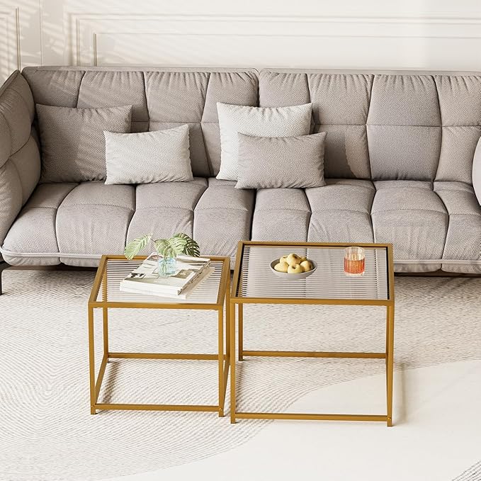VILAWLENCE Coffee Table Set of 2, Modern Gold Glass Side Table, Metal Frame - Image 4