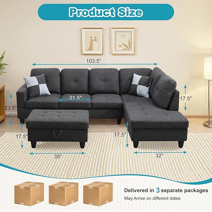 Couches for Living Room Modern L Shaped Couch Comfy Linen Fabric 3 Pieces - Image 2