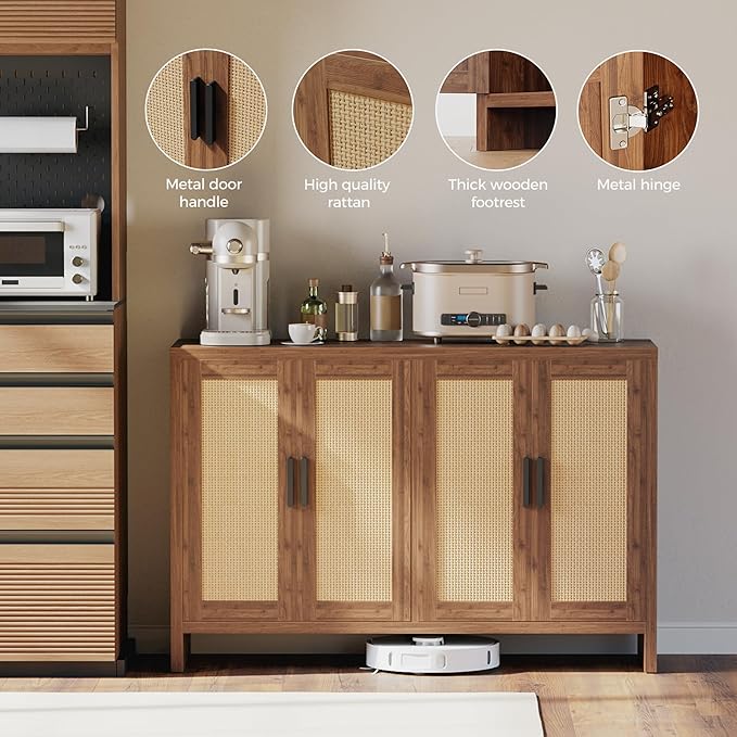 Rattan Buffet Cabinet with Storage, Sideboard Cabinet with Doors and Adjustable - Image 4