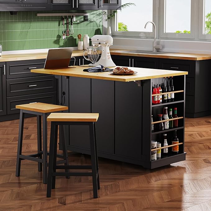 53" Large Kitchen Island with Drop Leaf, Power Outlet & Door Internal Storage - Image 9