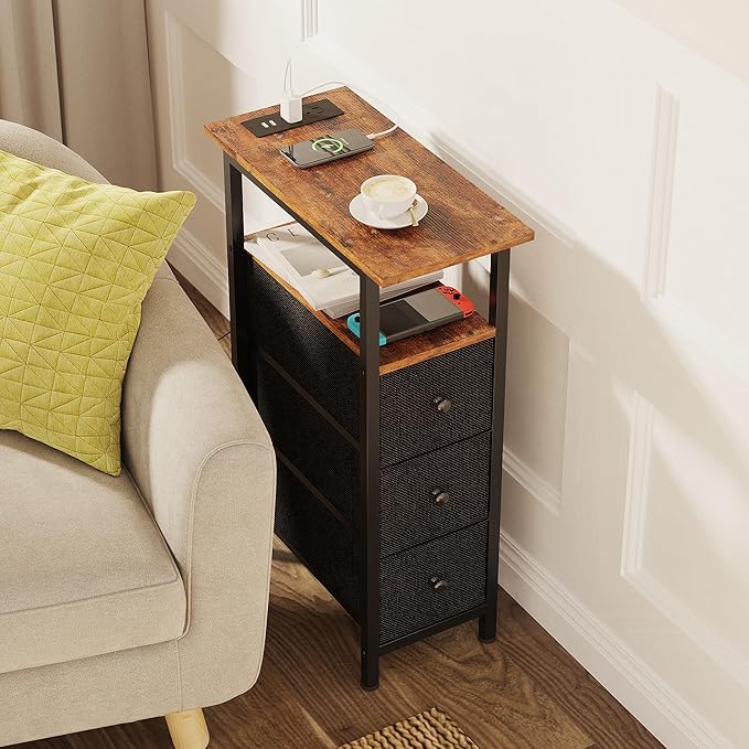 End Table with Charging Station, Narrow Side Table with 3 Fabric Drawers - Image 7