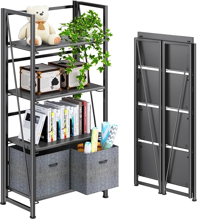 4NM No-Assembly Folding Bookshelf Storage Shelves 4 Tiers Vintage Bookcase by 4NM