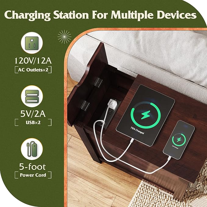 WLIVE End Table with Charging Station, Narrow Side Table - Image 4