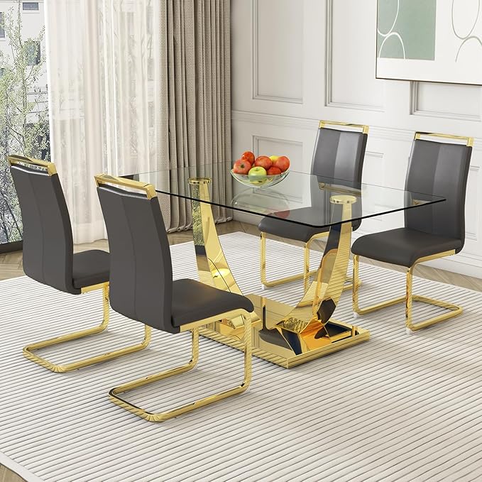 Modern Dining Chairs Set of 4, High Back Grey Kitchen Chairs, Faux Leather Side - Image 3