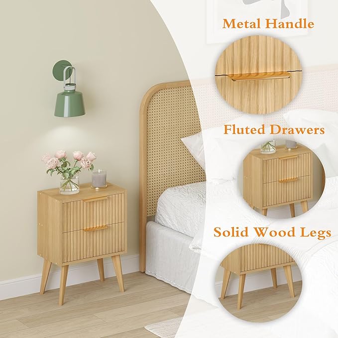 Fluted Nightstand with 2 Drawers, Modern Bedside Table with Metal Handles - Image 6