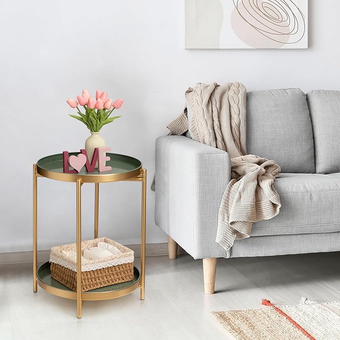 TeoKJ 2 Tier Gold Side Table, Folding Round Metal End Table Small Nightstand - Image 2