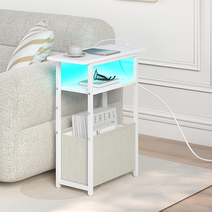 Narrow Side Table with Charging Station, LED End Table - Image 6