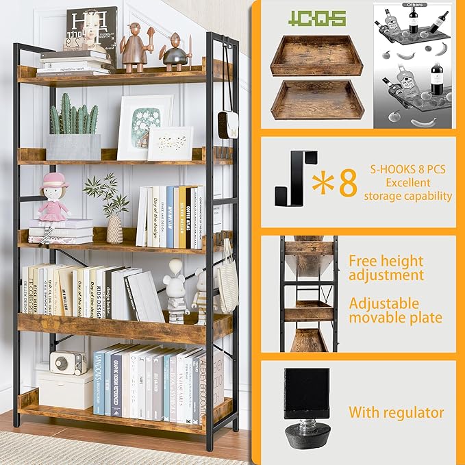 HCHQHS 5 Tier Bookshelf, Adjustable Industrial Bookcase, Vertical Tall Book - Image 5