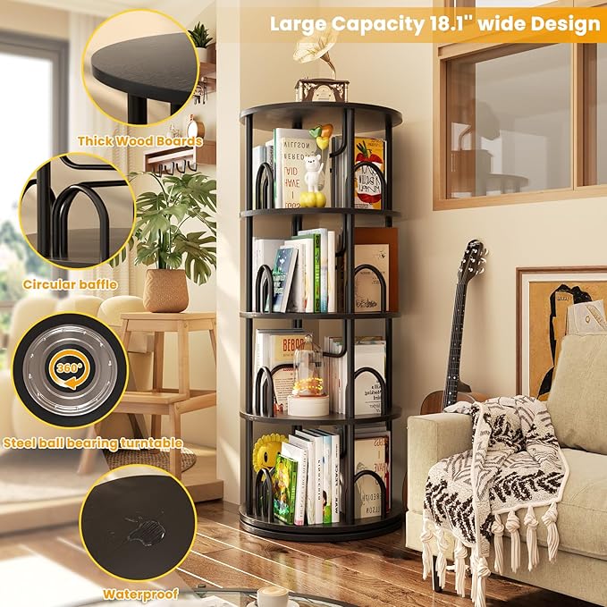 Aheaplus 4 Tier Rotating Bookshelf Tower, 360 Display Spinning Bookcase - Image 4