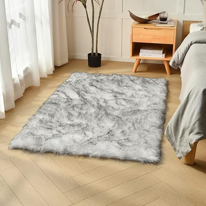 duduta White Black Faux Sheepskin Fur Rug 3x5 ft, Fluffy Shag Bedroom Dorm by Duduta