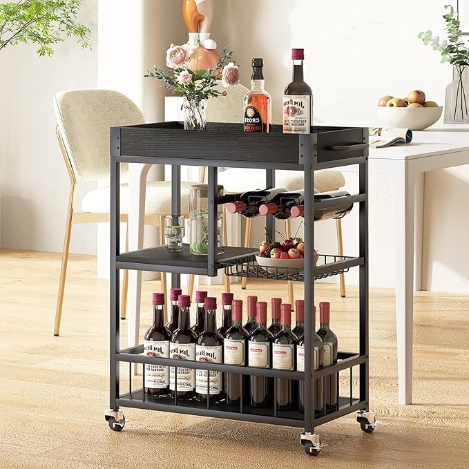 Bar Cart with Basket 3 Tiers Home Rolling Wine Rack with Wheels Mobile Kitchen - Image 2