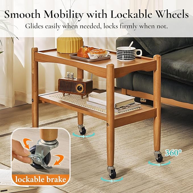 Rattan Side Table with Wheels, Small End Table with Storage, Narrow Wooden Bed - Image 3