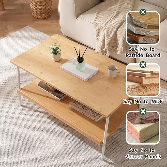 Coffee Table with 2 Tier Storage- Farmhouse Bamboo Coffee Tables, Mid Century - Image 5