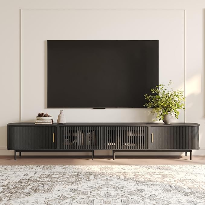 POVISON Sliding Tambour Door TV Stand, Mid Century Modern TV Console, Wood - Image 2