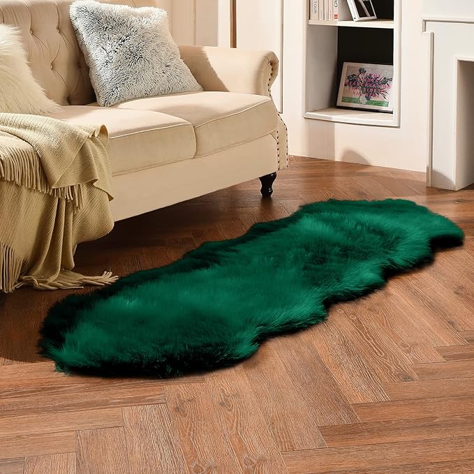 duduta Emerald Green Faux Sheepskin Runner Rug 2x6 ft, Fluffy Shag Bedroom Dorm - Image 6