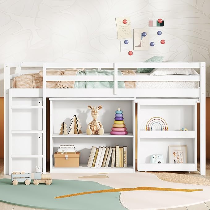 KEIKI Twin Loft Bed with Pull-Out Desk, Drawers & Open Shelves, Wooden Bed - Image 4
