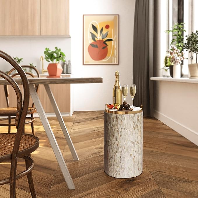PEMAR Mother of Pearl Cylinder Drum End Table Nacre Side Stool Round Accent - Image 8