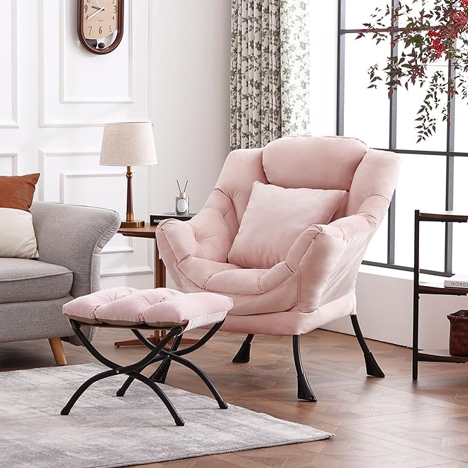 Large Lazy Chair with Ottoman, Accent Reading Chair with a Throw Pillow by HomeEastllyHome