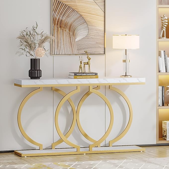 LITTLE TREE 55 inch Faux Marble Gold Console Table Modern Entryway Table Narrow - Image 4