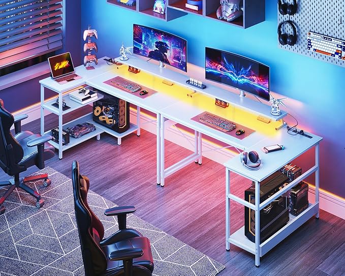 ODK 48 Inch Gaming Desk with USB Charging Ports and LED Lights, Reversible L - Image 2