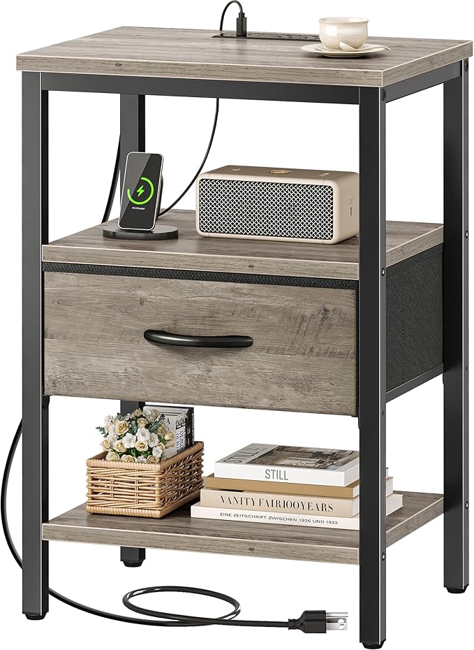 SUPERJARE Nightstand with Charging Station, Bed Side Table with Adjustable by SUPERJARE