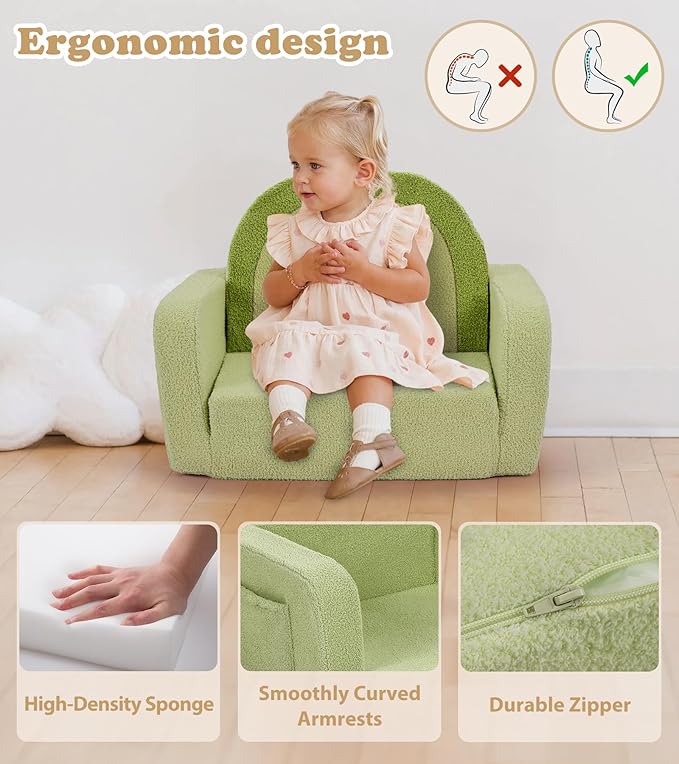 Kids Couch, 2-in-1 Soft Toddler Couch Fold Out - Image 6