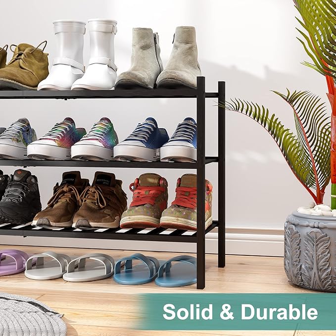 3-Tier Long Black Shoe Rack, Bamboo Wood Shoe Rack - Image 8