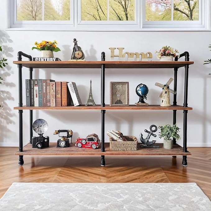 3 Tier Industrial Long Bookshelf, Entryway Industrial Metal Bookcase by ANYNICE