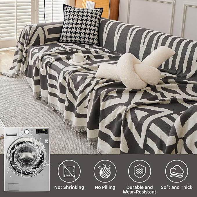 STACYPIK Boho Geometric Dark Grey Sofa Cover Chenille Couch Cover - Image 5