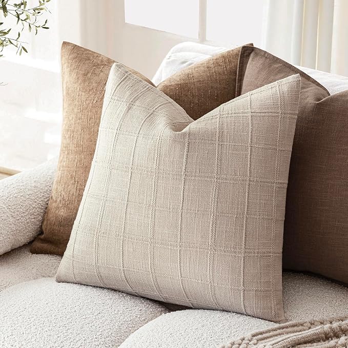 Foindtower Set of 2 Decorative Linen Check Throw Pillow Covers Neutral - Image 5
