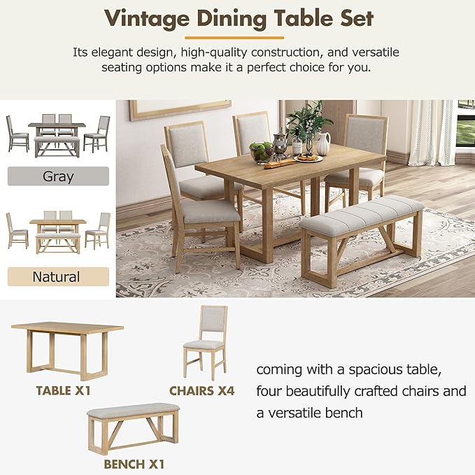 Merax Farmhouse Wood 6-Piece Dining Set, 59.6 inch Rectangular Table, 4 - Image 3