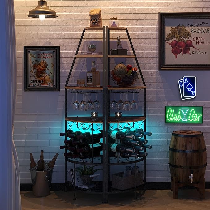 5-Tier Corner Wine Rack with LED Light Floor Standing Wine Rack with Glass - Image 6